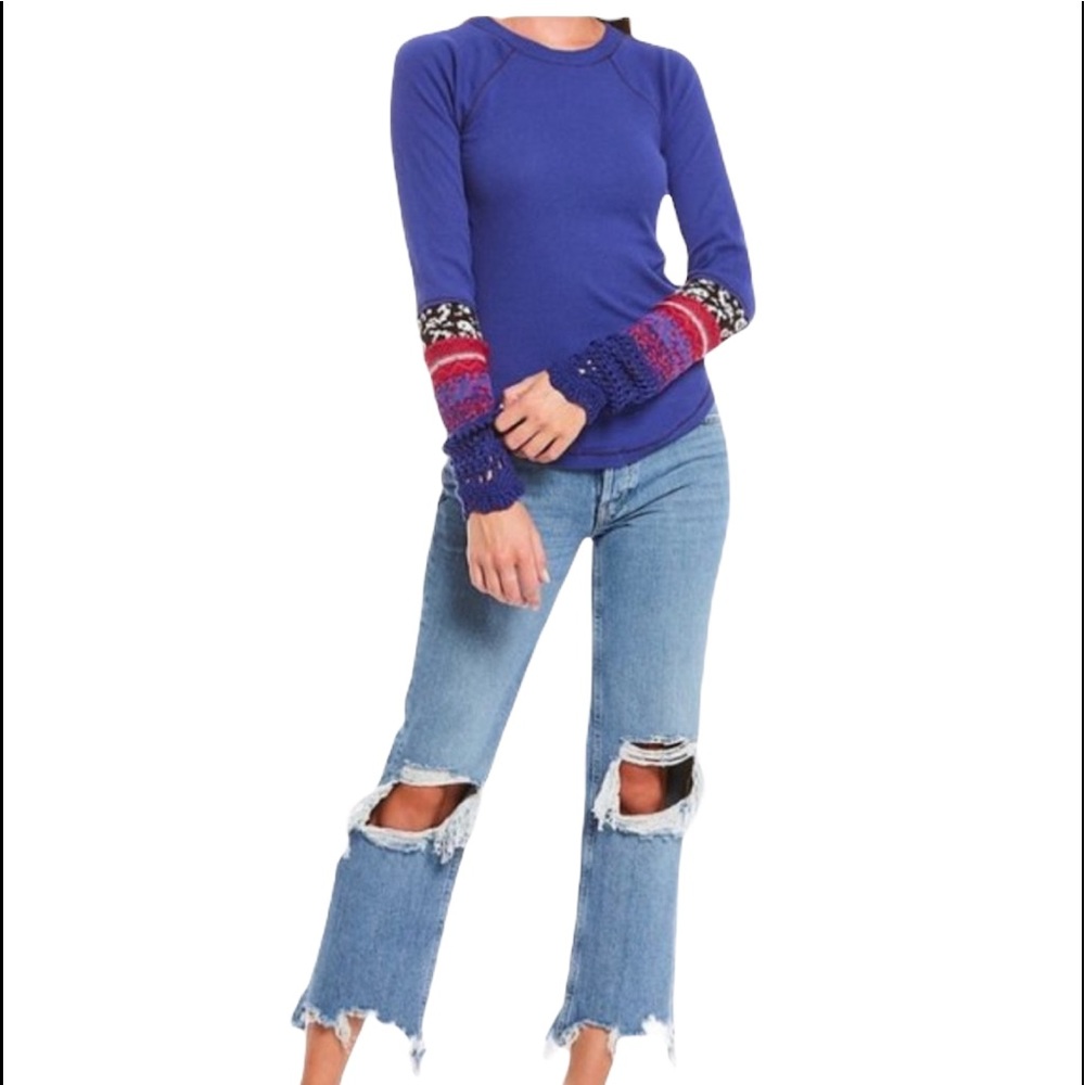 Free People Blue Long Sleeve Top with Multicolor Cuffs